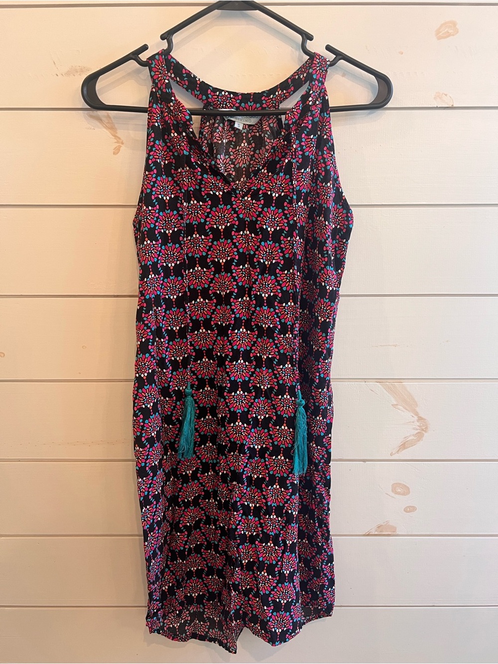 escapada Black Midi Dress with Pink Floral Print and Teal Tassels